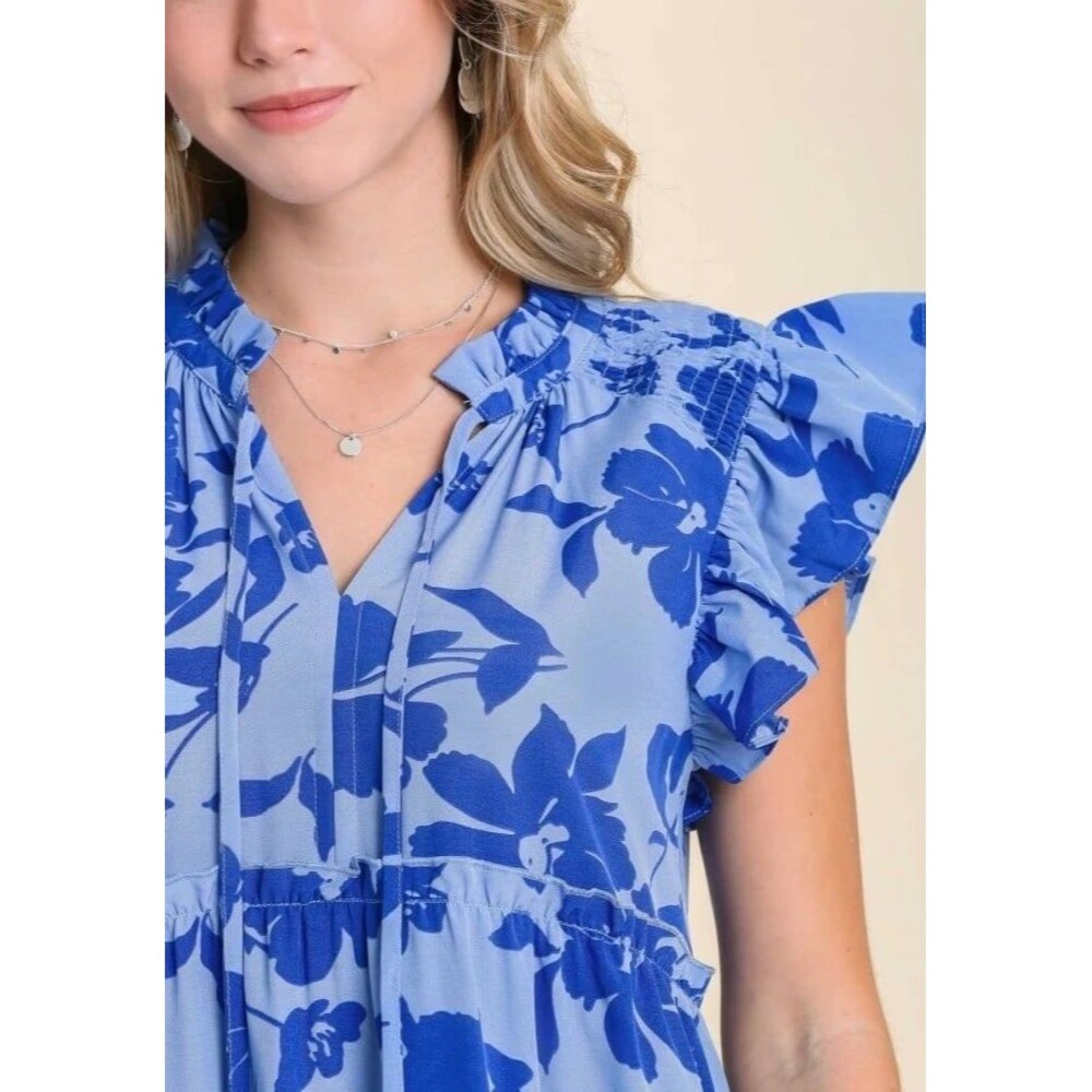 Umgee Blue Floral Flutter Sleeves Ruffle Self Tie Tiered Babydoll Blouse Top M